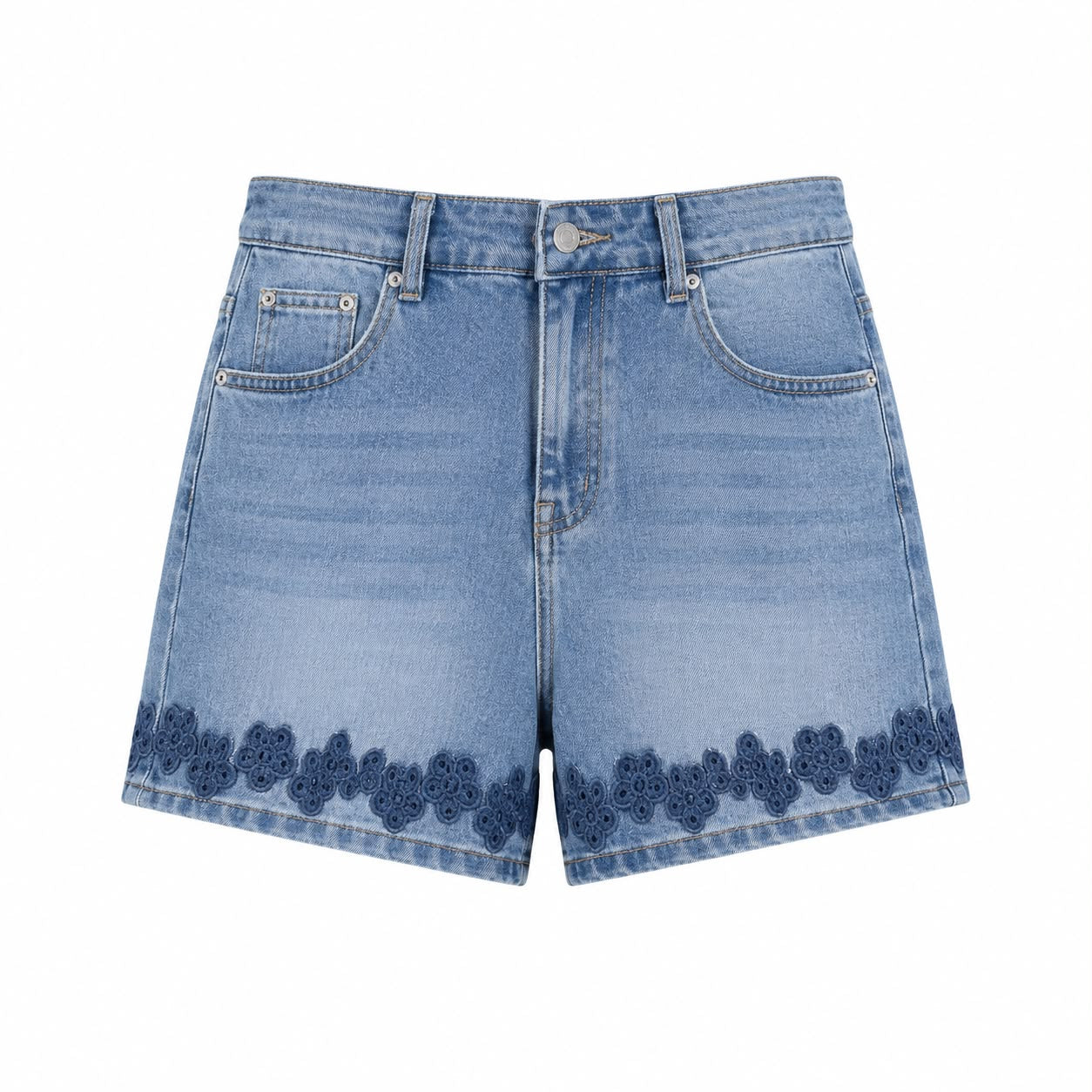 Shorts in Denim con Ricamo Floreale