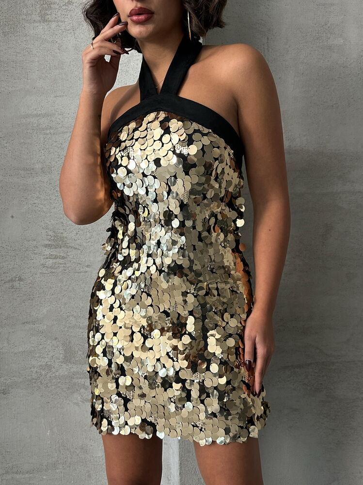 Abito Mini Elegante Oro con Paillettes, Scollo Halter e Vestibilità Aderente