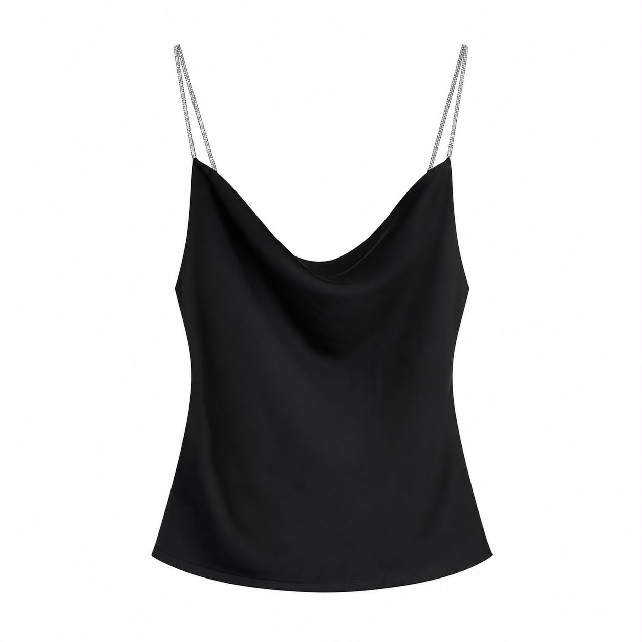 Top Satin Nero con Spalline Gioiello