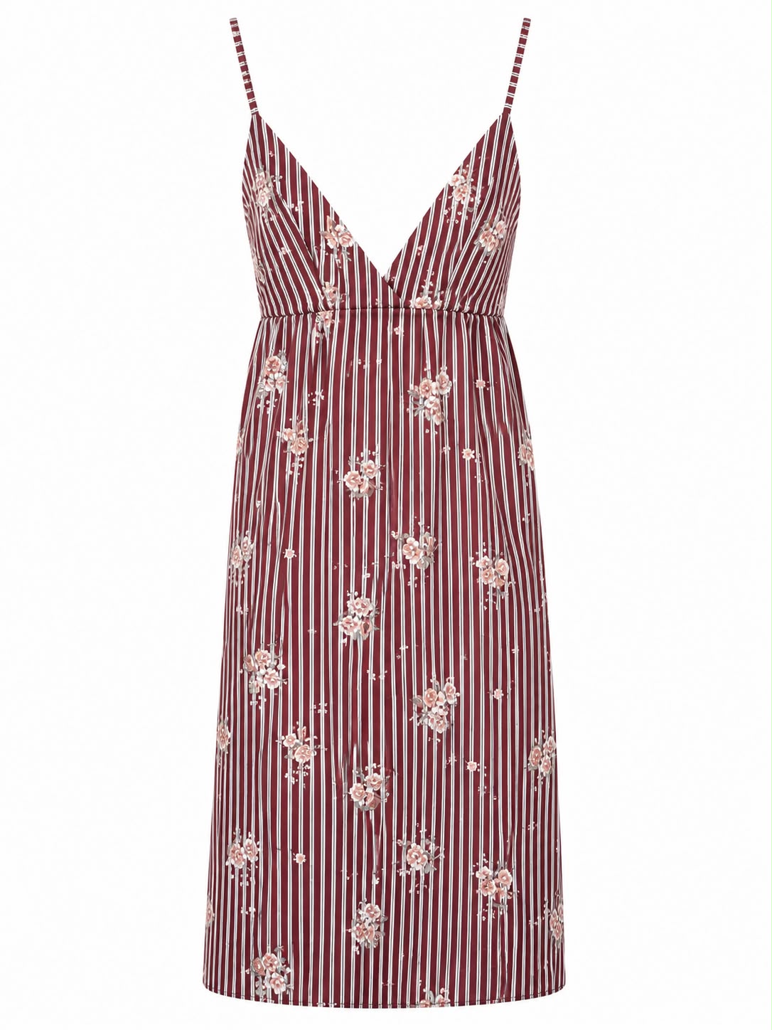 Abito Midi Bordeaux a Righe con Stampa Floreale