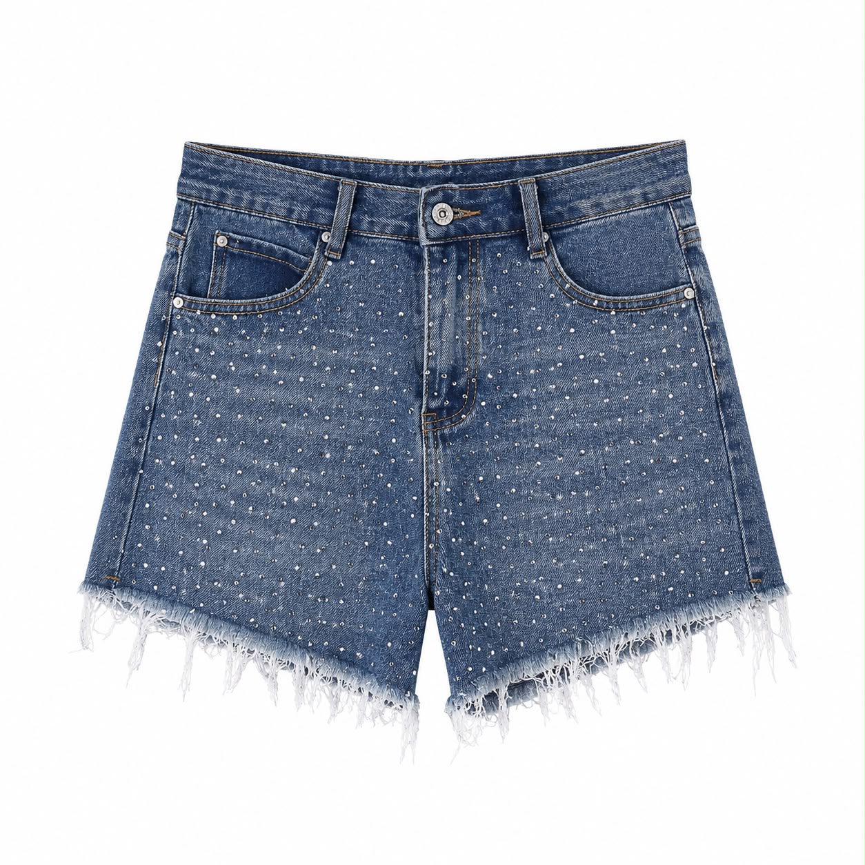 Shorts Denim con Brillantini e Fondo Sfrangiato