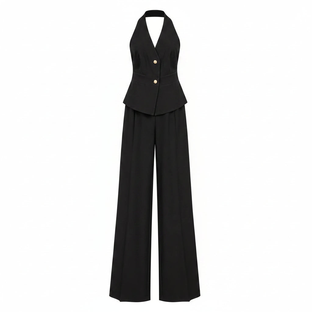COMPLETO ELEGANTE NERO CON GILET E PANTALONI PALAZZO