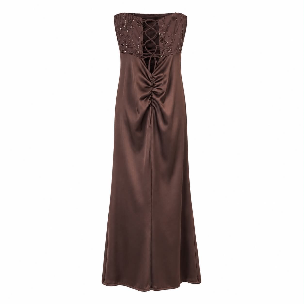 Abito Lungo Satinato Marrone con Paillettes e Perline