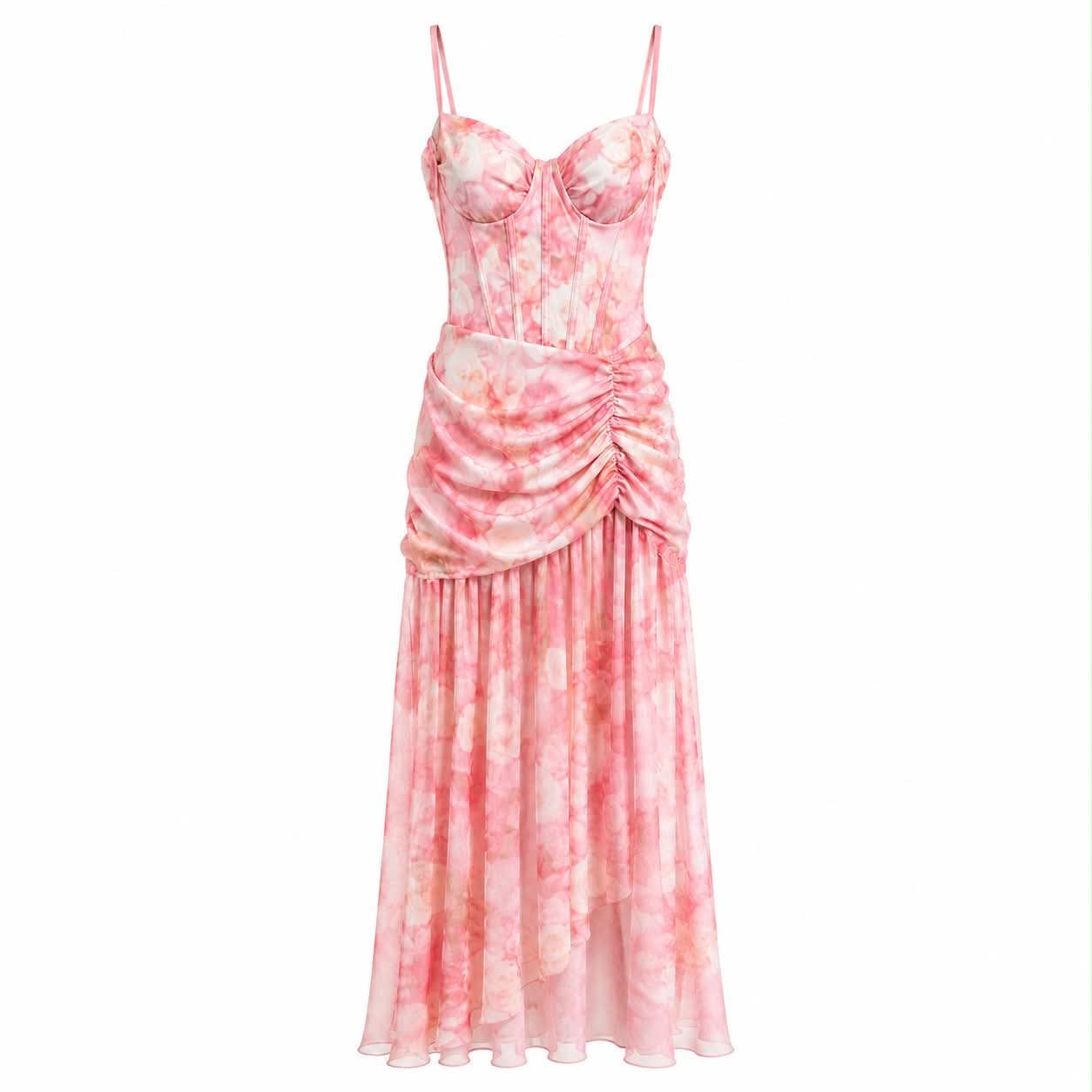 Abito Midi Bustier a Fiori con Drappeggio e Gonna Asimmetrica