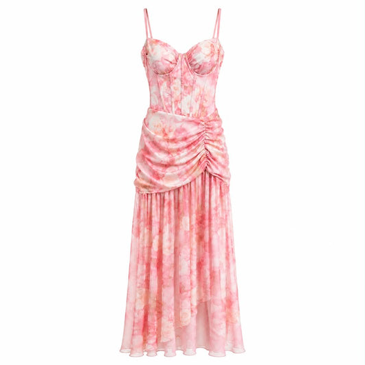 Abito Midi Bustier a Fiori con Drappeggio e Gonna Asimmetrica