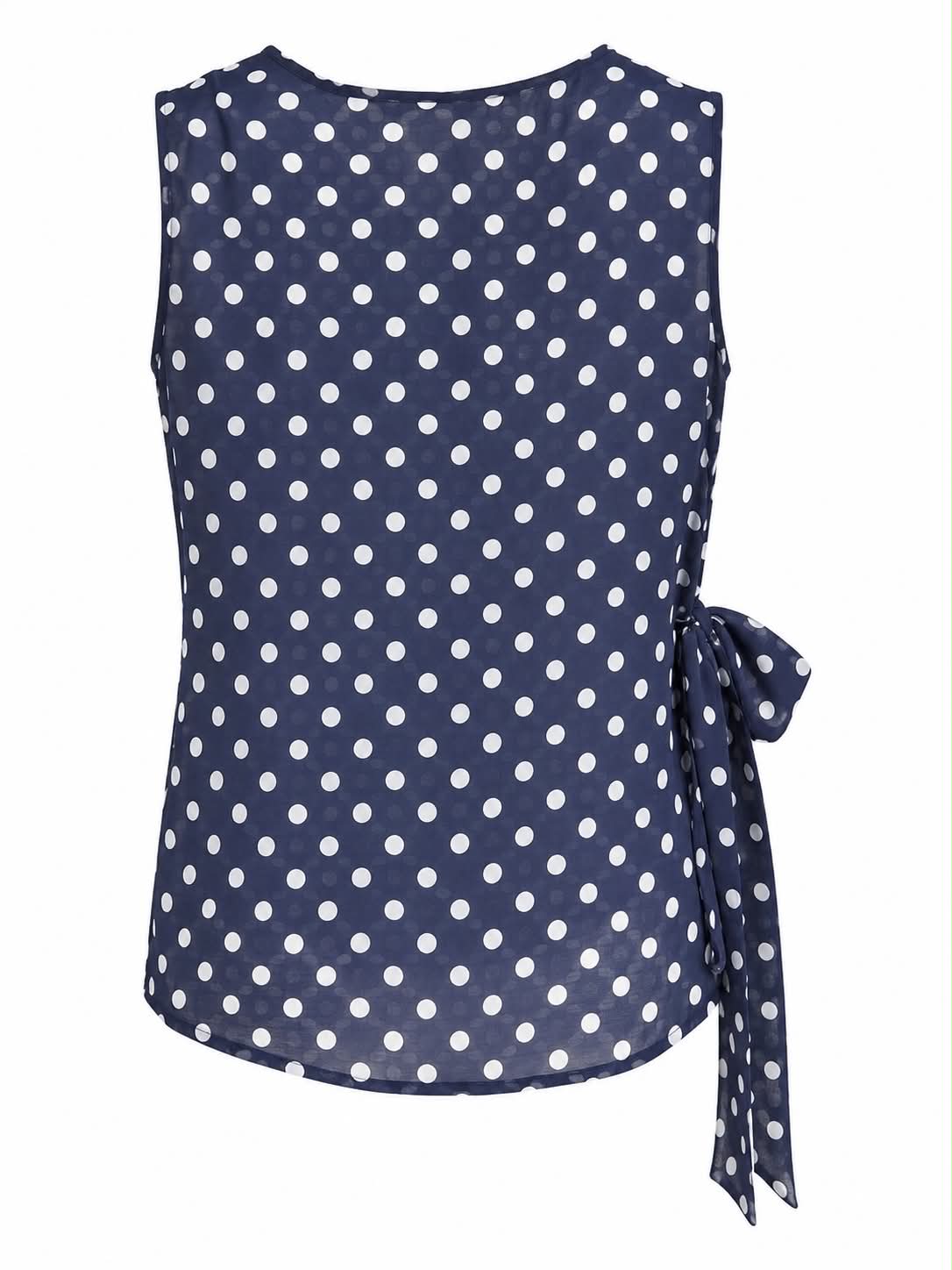 Top Smanicato con Scollo a Drappeggio e Fiocco Laterale - Blu Navy a Pois Bianchi Eleganza Senza Tempo e Femminilità Drappeggiata