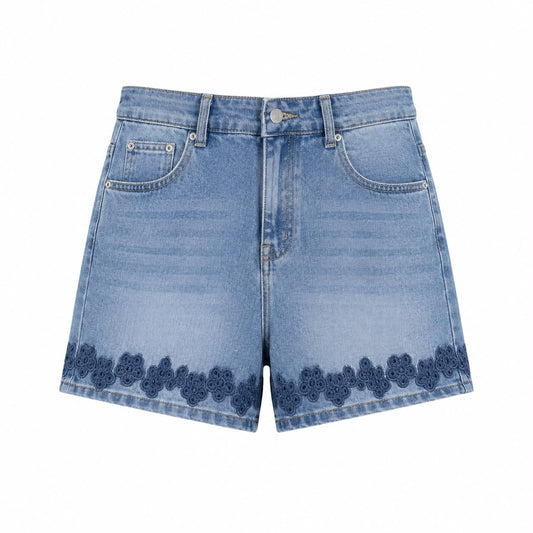 Shorts in Denim con Ricamo Floreale