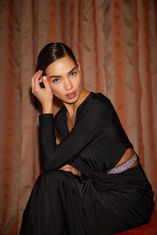 Abito Lungo Nero da Donna Elegante con Maniche Lunghe