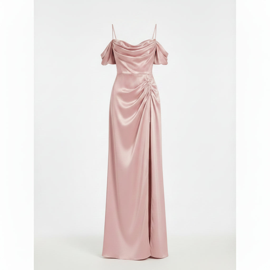 Abito Lungo in Satin Rosa Antico con Scollo a Cappuccio e Spacco