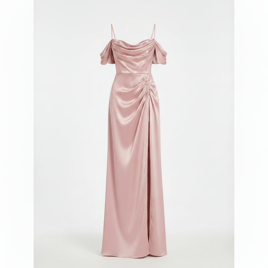 Abito Lungo in Satin Rosa Antico con Scollo a Cappuccio e Spacco