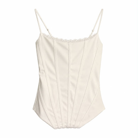 Body Bianco Stile Corsetto con Dettagli in Pizzo
