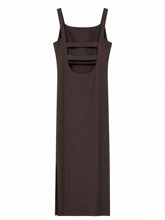 Abito midi marrone con schiena aperta