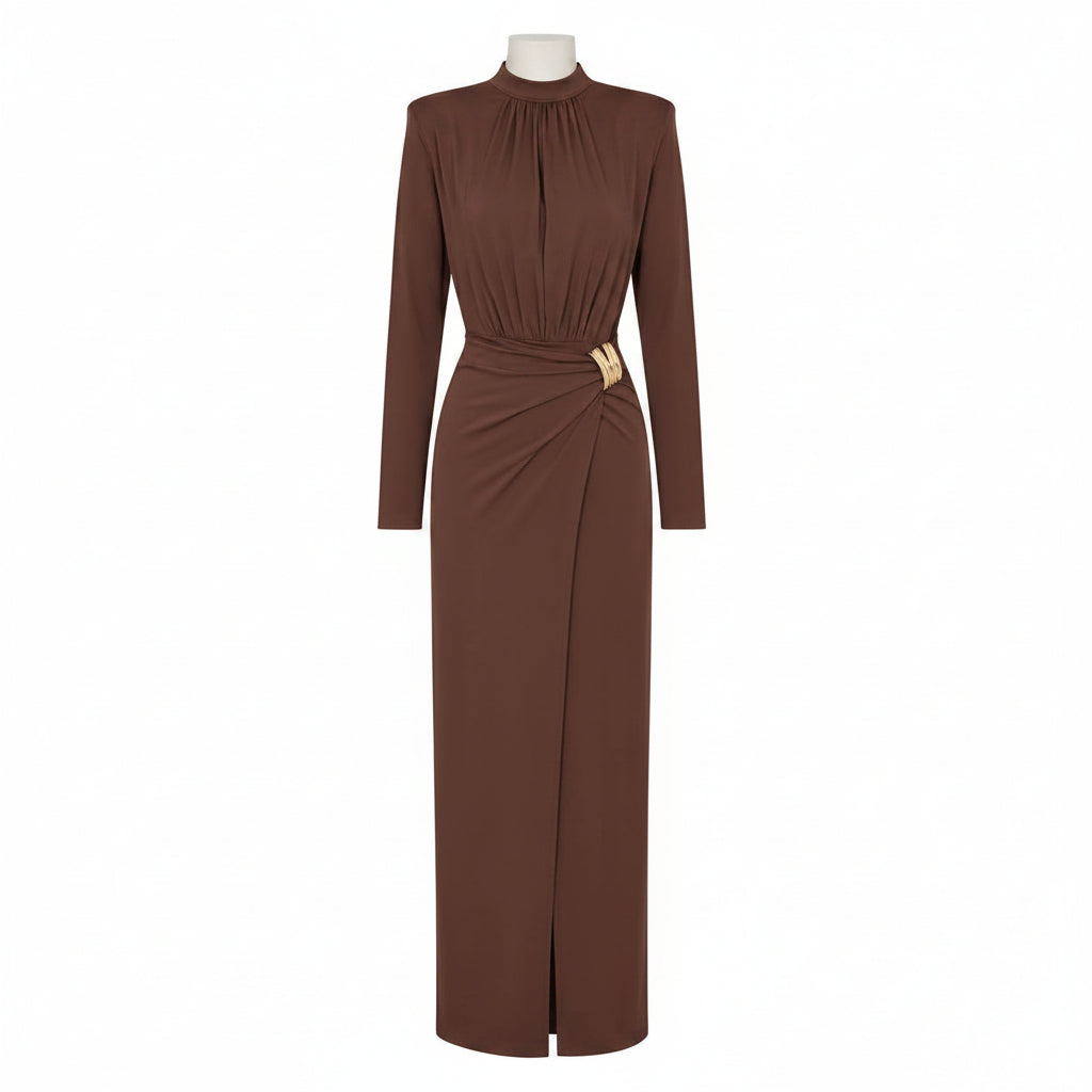 Abito Lungo Marrone Couture con Dettaglio Dorato
