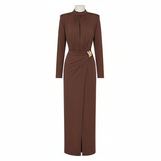 Abito Lungo Marrone Couture con Dettaglio Dorato