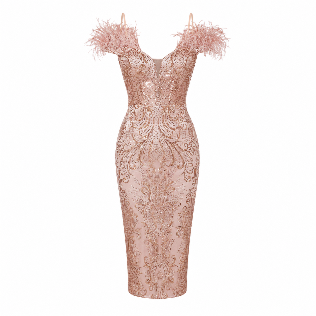 Vestito da cocktail con stampa glitter, eleganti dettagli in perline e raffinate applicazioni di piume.