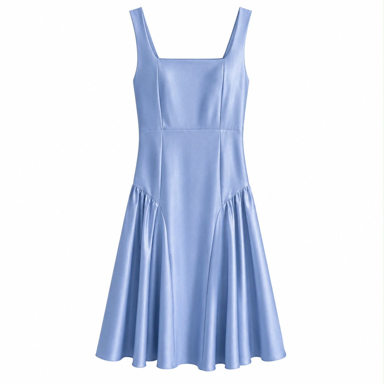 Abito Midi Satin Celeste con Scollo Quadrato