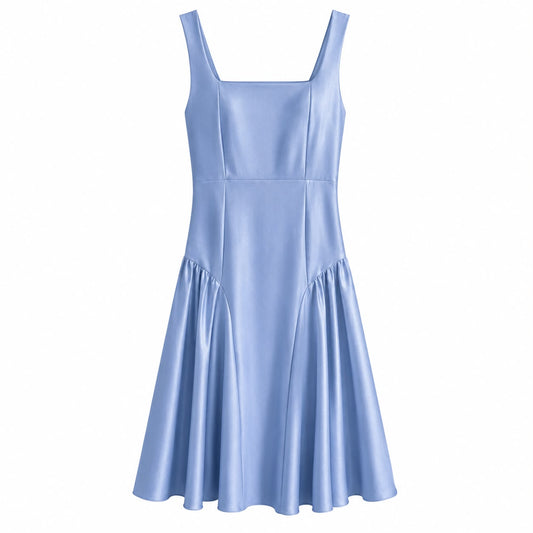 Abito Midi Satin Celeste con Scollo Quadrato