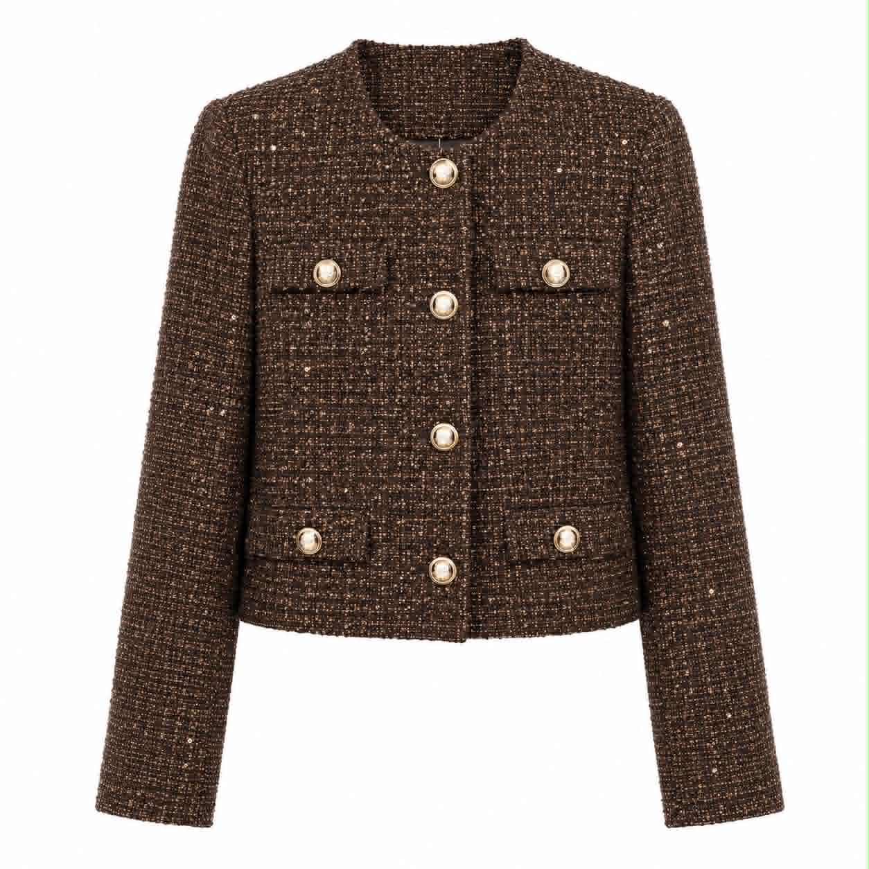 GIACCA TWEED MARRONE CON PAILLETTES E BOTTONI GIOIELLO