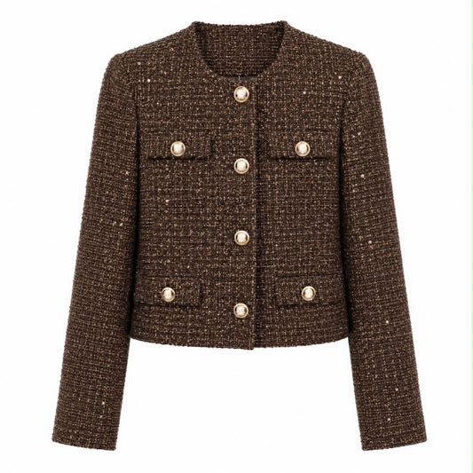 GIACCA TWEED MARRONE CON PAILLETTES E BOTTONI GIOIELLO