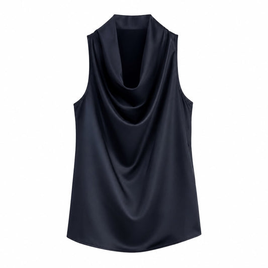 Top Satin Blu Navy con Scollo Drappeggiato
