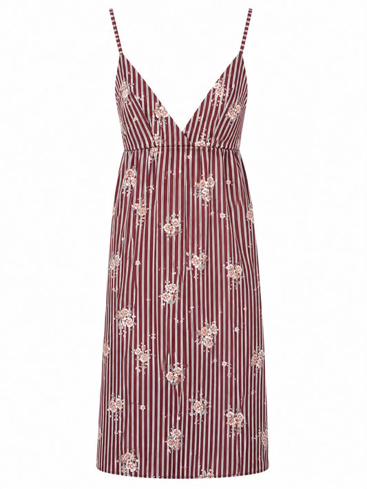 Abito Midi Bordeaux a Righe con Stampa Floreale