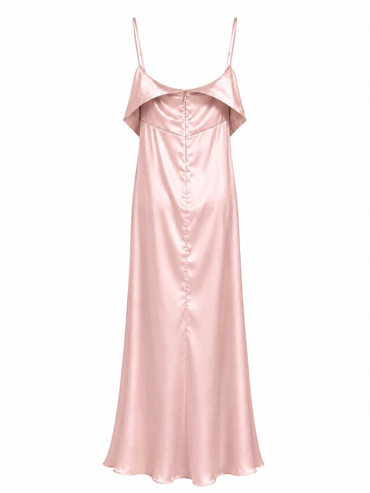 Abito Lungo in Satin Rosa Antico con Scollo a Cappuccio e Spacco