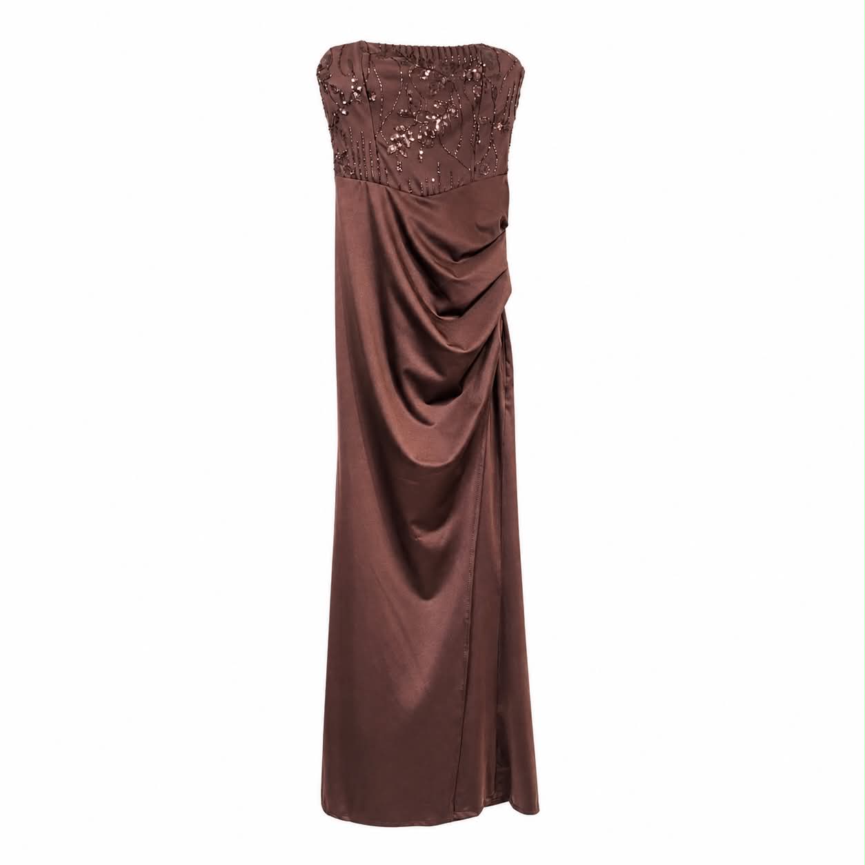 Abito Lungo Satinato Marrone con Paillettes e Perline