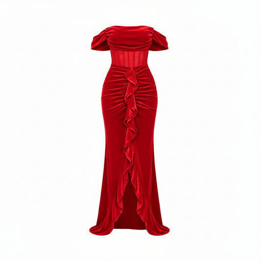 Abito rosso elegante con spacco e drappeggio