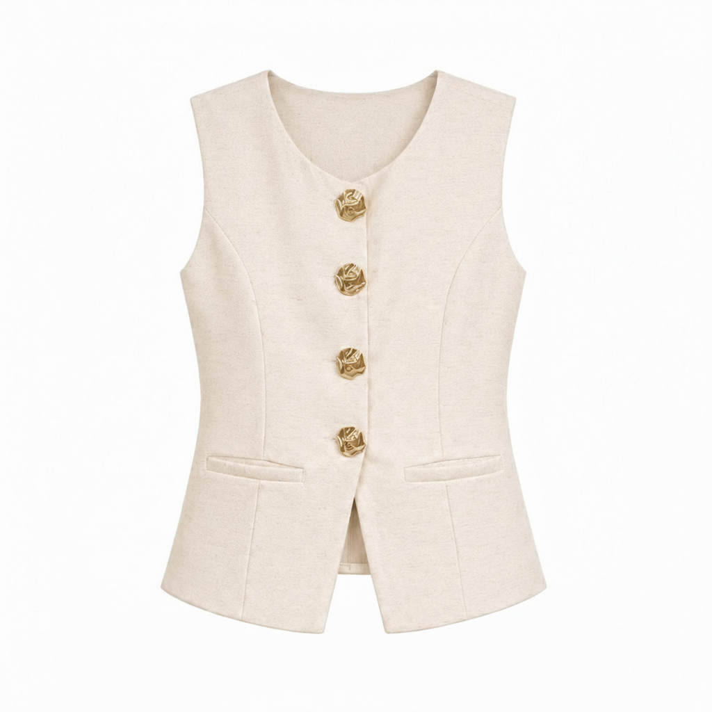 Gilet Casual Beige con Bottoni Dorati