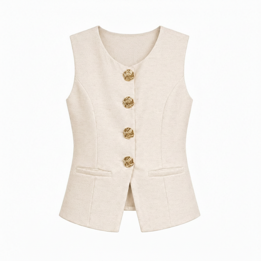 Gilet Casual Beige con Bottoni Dorati