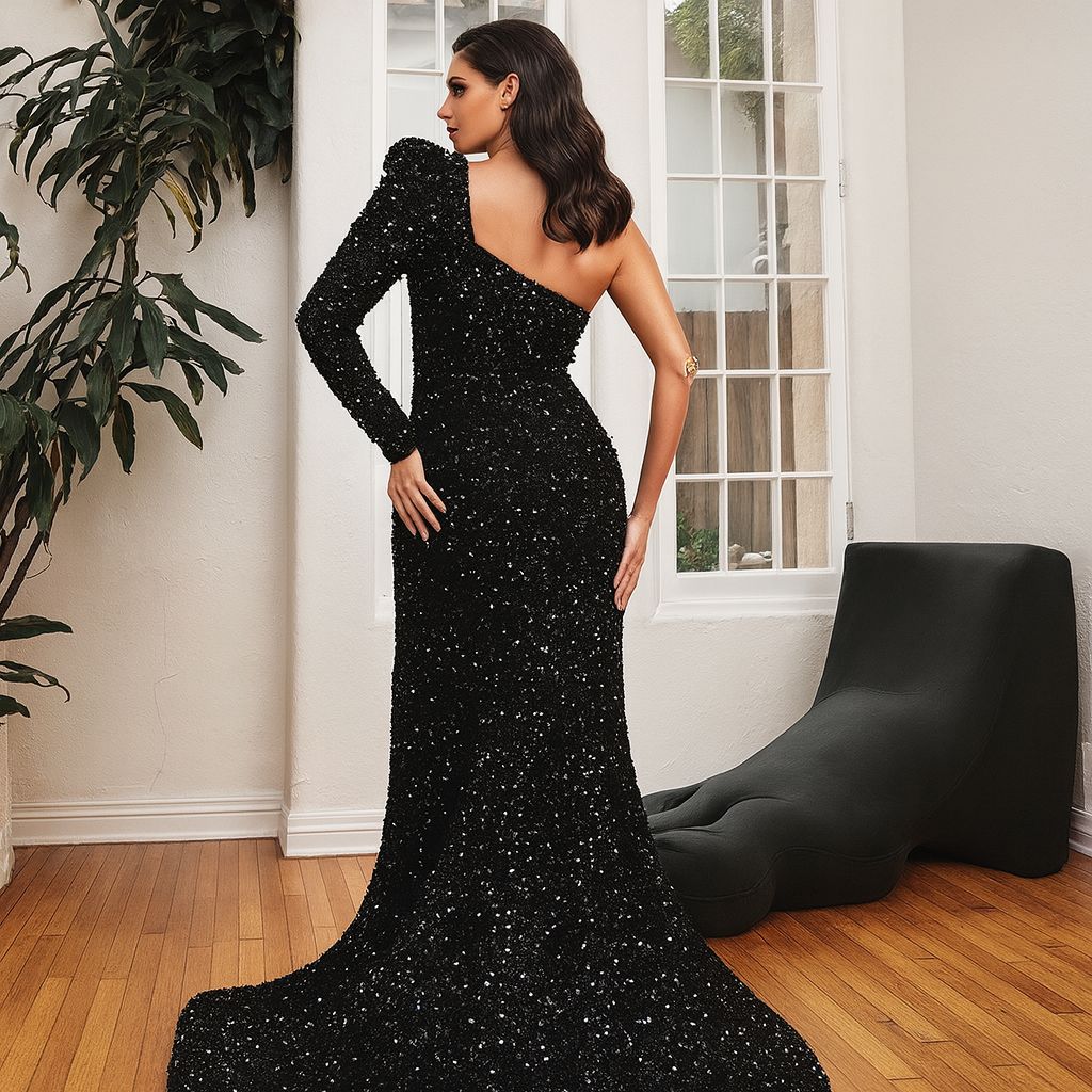 Abito da Sera Lungo con Paillettes Nere, Monospalla, con Spacco Laterale e Strascico