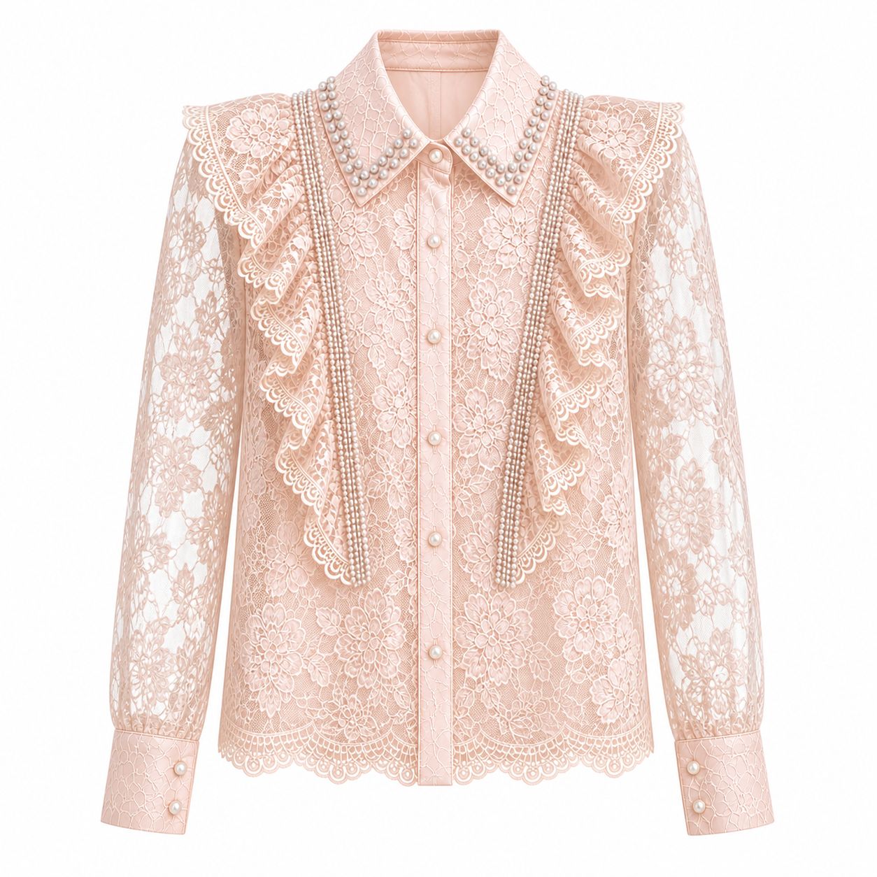 Camicia rosa pastello in pizzo  con perline