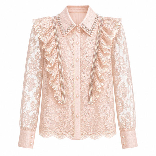 Camicia rosa pastello in pizzo  con perline