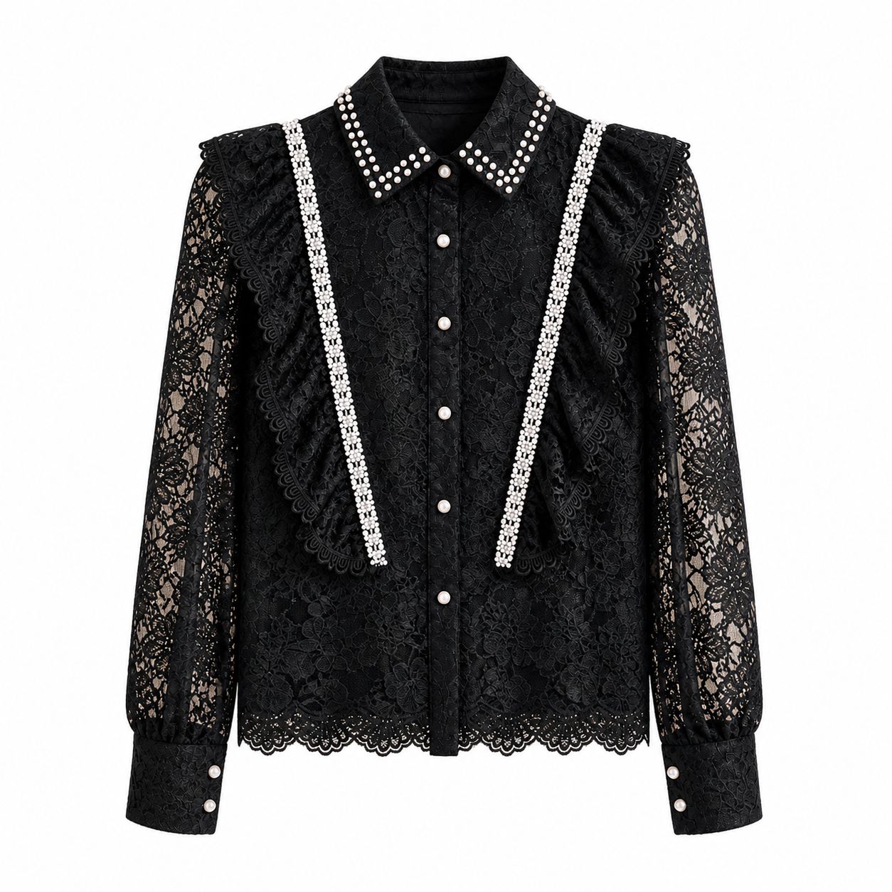 Camicia nera in pizzo con perline