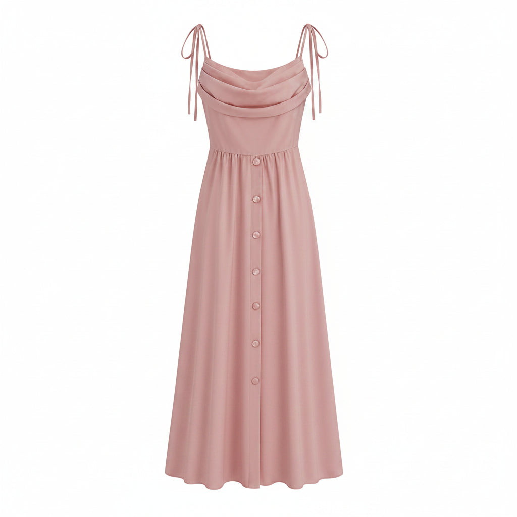 Abito Midi Romantico Rosa Pastello con Scollo a Cappuccio e Bottoni