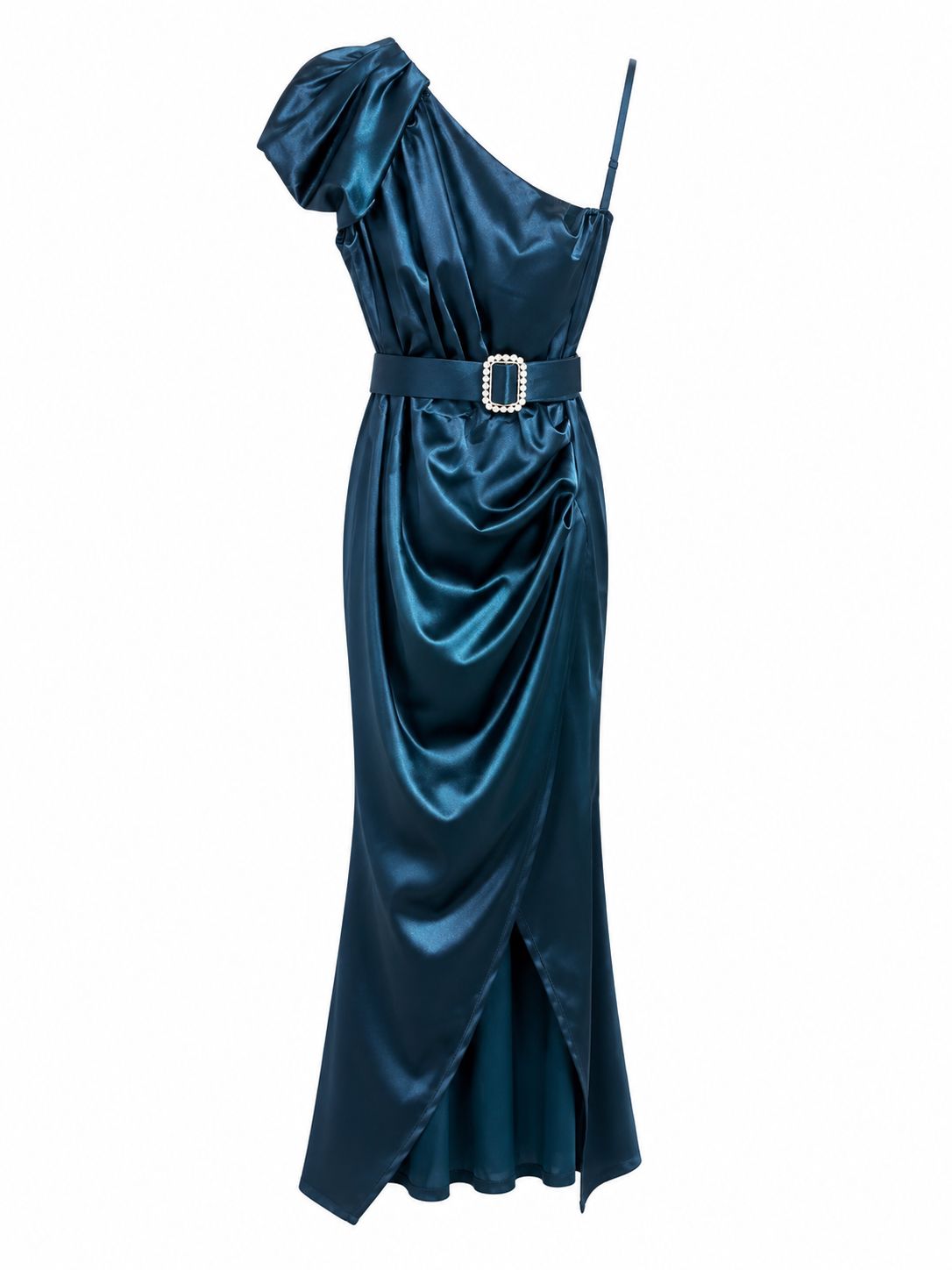 Abito Monospalla Satin Blu Petrolio