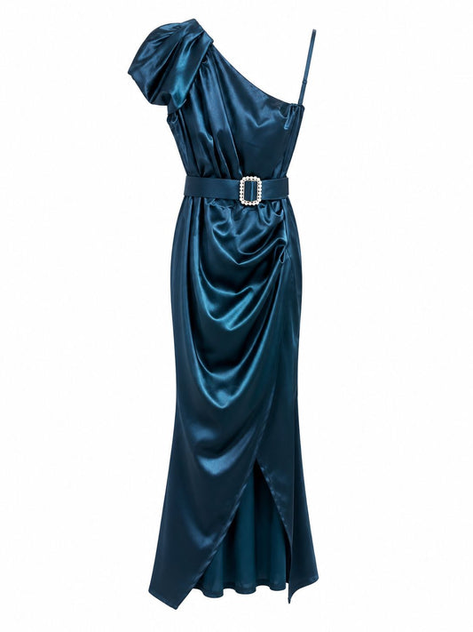 Abito Monospalla Satin Blu Petrolio