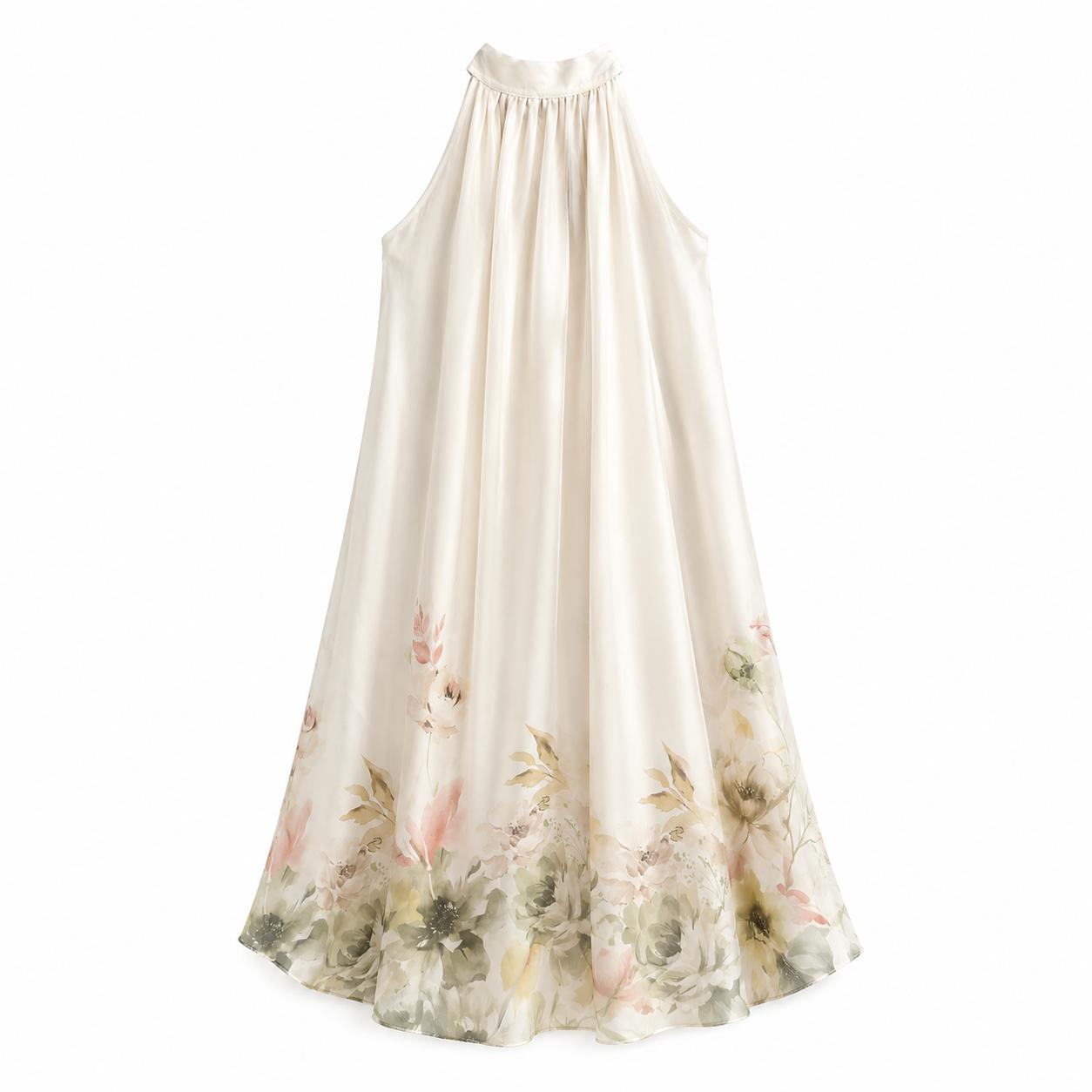 Abito Lungo Floreale Beige Champagne