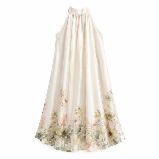 Abito Lungo Floreale Beige Champagne