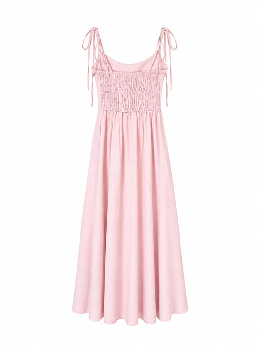 Abito Midi Romantico Rosa Pastello con Scollo a Cappuccio e Bottoni