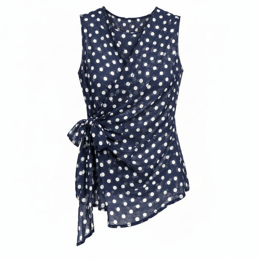 Top Smanicato con Scollo a Drappeggio e Fiocco Laterale - Blu Navy a Pois Bianchi Eleganza Senza Tempo e Femminilità Drappeggiata