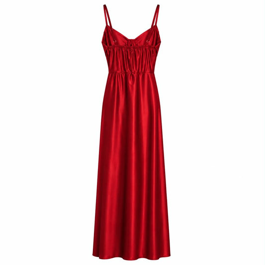 Abito Lungo in Satin Rosso con Scollo a Cappuccio