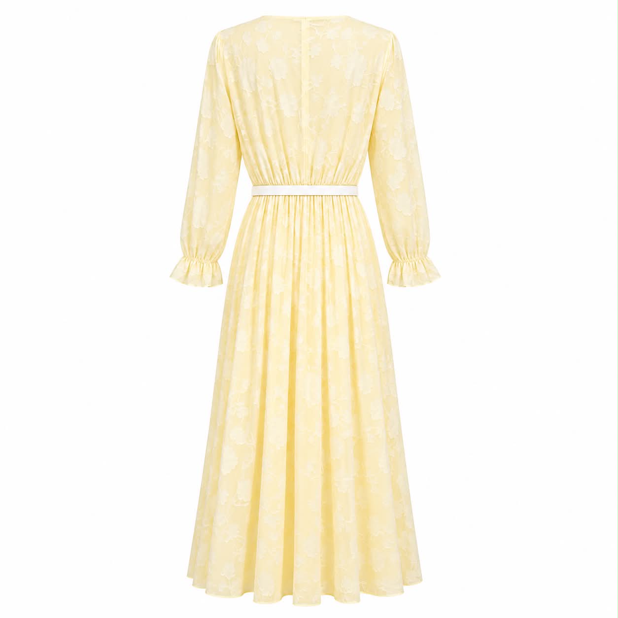 Abito Midi Plissettato in Chiffon Jacquard con Cintura – Giallo Pastello