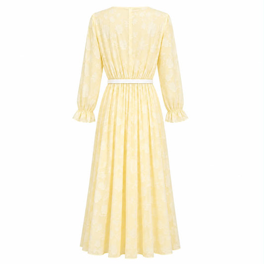 Abito Midi Plissettato in Chiffon Jacquard con Cintura – Giallo Pastello