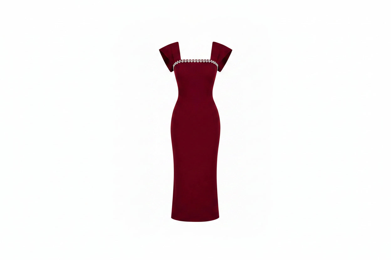 Abito Lungo Bordeaux Elegante con Dettagli Gioiello