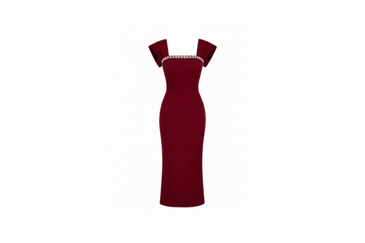 Abito Lungo Bordeaux Elegante con Dettagli Gioiello