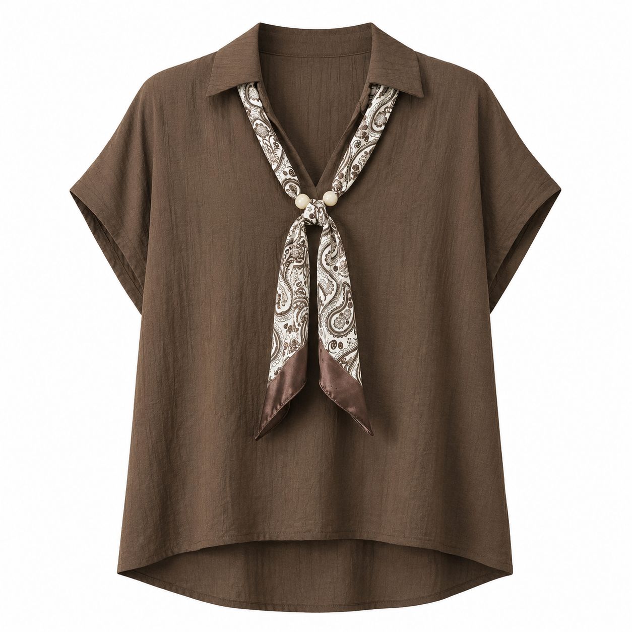 Blusa elegante marrone con foulard decorativo