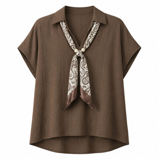 Blusa elegante marrone con foulard decorativo