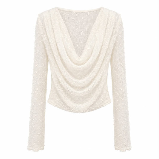 Top in Maglia Bianco con Scollo Drappeggiato