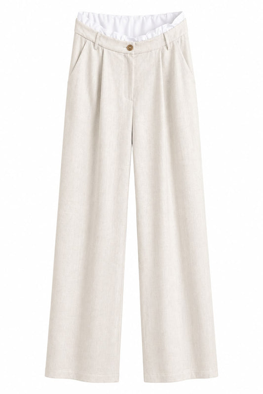 Pantalone Palazzo Beige con Vita Arricciata